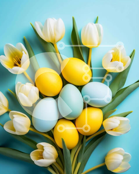 Intra Συλλεκτικό Ξύλινο Παζλ Plywood  4mm - Κίτρινα και άσπρα Πασχαλινά αυγά με τουλίπες μια ανοιξιάτικη ημέρα Σε Ξύλινο Κουτί - Διαστάσεις Puzzle: 10x10 cm – 25 κομμάτια