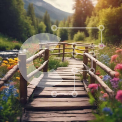 Intra Συλλεκτικό Ξύλινο Παζλ Plywood 4mm - Ειδυλλιακή ξύλινη γέφυρα που οδηγεί σε λουλούδια και βουνά Σε Ξύλινο Κουτί - Διαστάσεις: 10x10 cm – 25 κομμάτια - Image 1