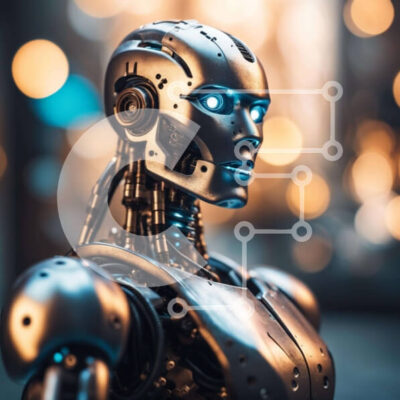 Intra Συλλεκτικό Ξύλινο Παζλ Plywood  4mm - Φουτουριστικό ρομπότ με μπλε μάτια σε φωτισμένο αστικό τοπίο Σε Ξύλινο Κουτί - Διαστάσεις Puzzle: 10x10 cm – 25 κομμάτια - Image 1