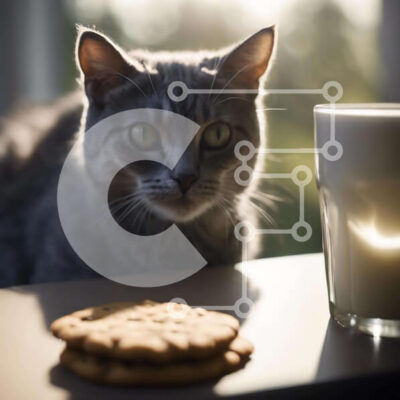 Intra Συλλεκτικό Ξύλινο Παζλ Plywood  4mm - Γκρίζα γάτα που κάθεται μπροστά από μπισκότα και γάλα Σε Ξύλινο Κουτί - Διαστάσεις: 10x10 cm – 25 κομμάτια - Image 1