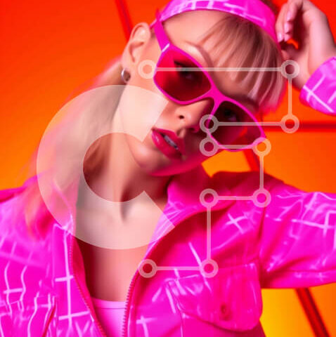 Intra Συλλεκτικό Ξύλινο Παζλ Plywood  4mm - Σίγουρη νεαρή γυναίκα με ροζ γυαλιά ηλίου μπροστά από πορτοκαλί φόντο Σε Ξύλινο Κουτί - Διαστάσεις Puzzle: 10x10 cm – 25 κομμάτια - Image 1