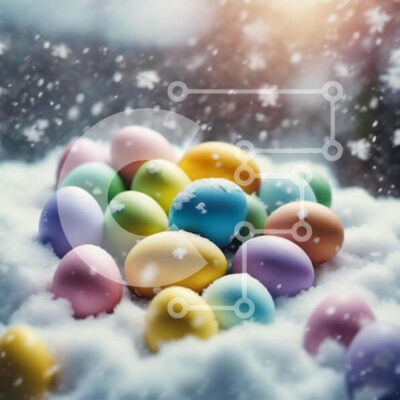 Intra Συλλεκτικό Ξύλινο Παζλ Plywood  4mm - Πολύχρωμα Πασχαλινά αυγά στο χιόνι με τις νιφάδες χιονιού που πέφτουν Σε Ξύλινο Κουτί - Διαστάσεις: 10x10 cm – 25 κομμάτια - Image 1