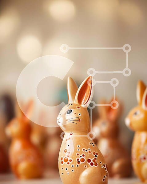 Intra Συλλεκτικό Ξύλινο Παζλ Plywood  4mm - Επίδειξη κεραμικών ειδωλίων πασχαλινών λαγουδάκι Σε Ξύλινο Κουτί - Διαστάσεις Puzzle: 10x10 cm – 25 κομμάτια