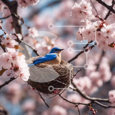 Intra Συλλεκτικό Ξύλινο Παζλ Plywood  4mm - Μπλε πουλί που φωλιάζει σε μηλιά με ροζ άνθη Σε Ξύλινο Κουτί - Διαστάσεις: 10x10 cm – 25 κομμάτια - Image 1