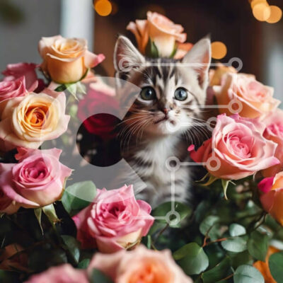 Intra Συλλεκτικό Ξύλινο Παζλ Plywood  4mm - Περίεργο γατάκι με ροζ και κίτρινα τριαντάφυλλα Σε Ξύλινο Κουτί - Διαστάσεις: 10x10 cm – 25 κομμάτια - Image 1