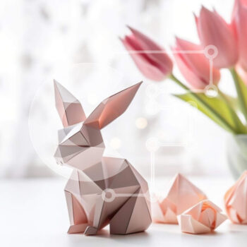 Intra Συλλεκτικό Ξύλινο Παζλ Plywood  4mm - Origami κουνέλι και ροζ τουλίπες στο τραπέζι Σε Ξύλινο Κουτί - Διαστάσεις Puzzle: 10x10 cm – 25 κομμάτια - Image 1