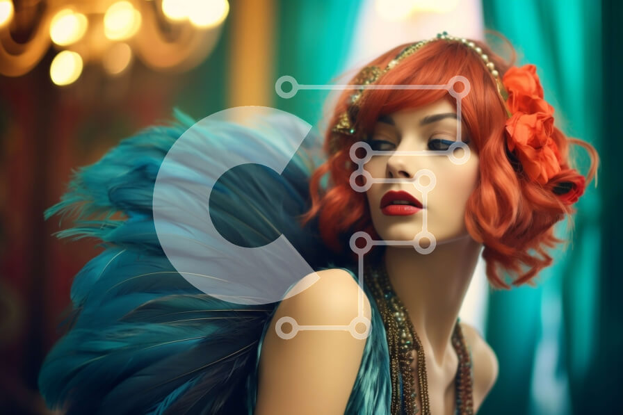 Intra Συλλεκτικό Ξύλινο Παζλ Plywood  4mm - Εκπληκτική γυναίκα με μπλε φτερωτό φόρεμα με κόκκινα μαλλιά και χείλη Σε Ξύλινο Κουτί - Διαστάσεις Puzzle: 10x10 cm – 25 κομμάτια