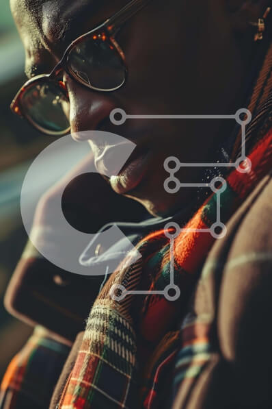 Intra Συλλεκτικό Ξύλινο Παζλ Plywood  4mm - Επικεντρωμένος μαύρος με γυαλιά και πορτοκαλί φουλάρι Σε Ξύλινο Κουτί - Διαστάσεις Puzzle: 10x10 cm – 25 κομμάτια