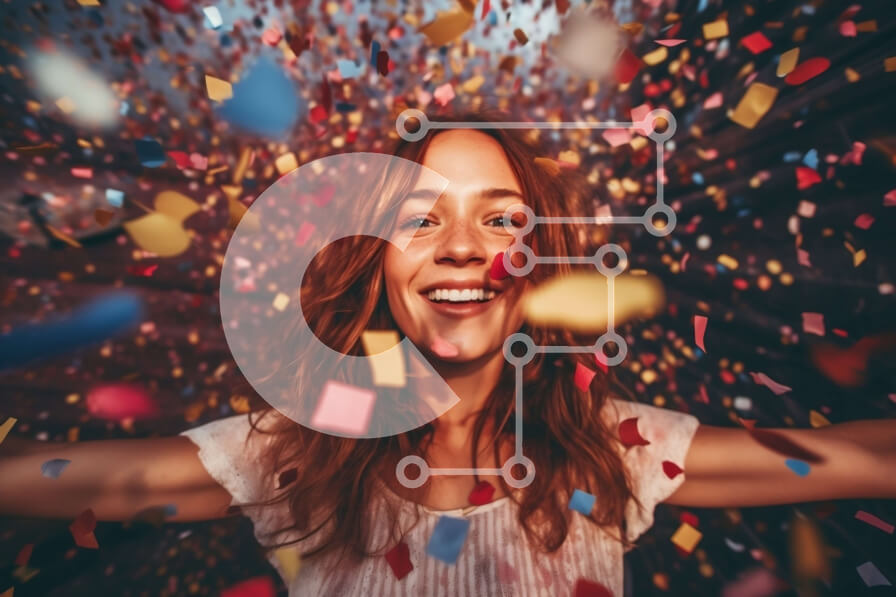 Intra Συλλεκτικό Ξύλινο Παζλ Plywood  4mm - Ευτυχισμένη νεαρή γυναίκα που περιβάλλεται από πολύχρωμα κομφετί Σε Ξύλινο Κουτί - Διαστάσεις Puzzle: 10x10 cm – 25 κομμάτια