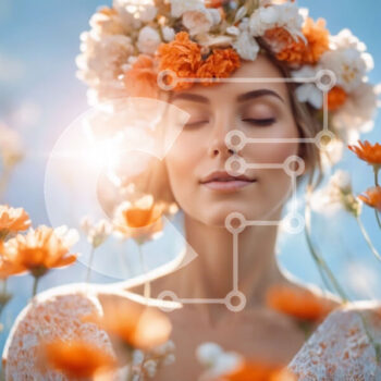 Intra Συλλεκτικό Ξύλινο Παζλ Plywood  4mm - Όμορφη νεαρή γυναίκα σε ένα χωράφι με λουλούδια με πορτοκαλί λουλούδι στέμμα Σε Ξύλινο Κουτί - Διαστάσεις Puzzle: 10x10 cm – 25 κομμάτια - Image 1