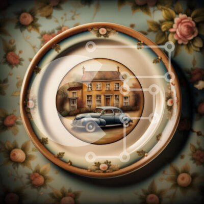 Intra Συλλεκτικό Ξύλινο Παζλ Plywood  4mm - Vintage αυτοκίνητο παρκαρισμένο μπροστά από το σπίτι με ταπετσαρία με λουλούδια Σε Ξύλινο Κουτί - Διαστάσεις Puzzle: 10x10 cm – 25 κομμάτια - Image 1
