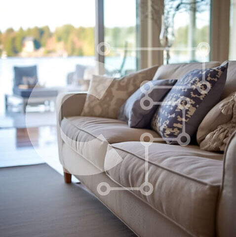 Intra Συλλεκτικό Ξύλινο Παζλ Plywood  4mm - Άνετο σαλόνι με μπεζ καναπέ και θέα στο νερό Σε Ξύλινο Κουτί - Διαστάσεις Puzzle: 10x10 cm – 25 κομμάτια - Image 1