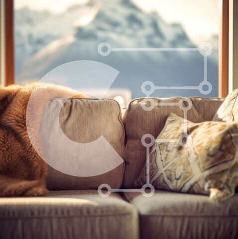 Intra Συλλεκτικό Ξύλινο Παζλ Plywood  4mm - Άνετη γούνινη κουβέρτα καφέ στον καναπέ του σαλονιού με θέα στο χιονισμένο βουνό Σε Ξύλινο Κουτί - Διαστάσεις Puzzle: 10x10 cm – 25 κομμάτια - Image 1