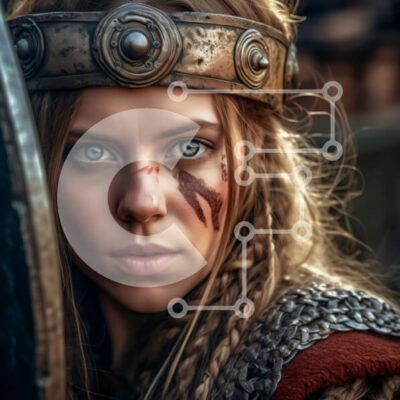 Intra Συλλεκτικό Ξύλινο Παζλ Plywood  4mm - Άγρια γυναίκα Βίκινγκ με ασπίδα και κράνος - Φωτογραφία Αρχείου Σε Ξύλινο Κουτί - Διαστάσεις Puzzle: 10x10 cm – 25 κομμάτια - Image 1