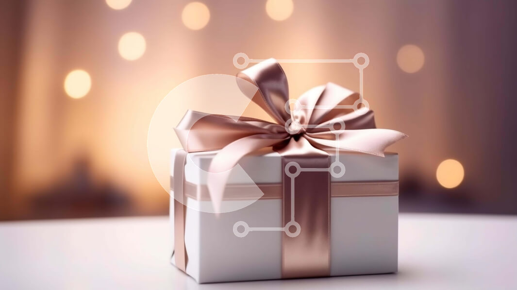 Intra Συλλεκτικό Ξύλινο Παζλ Plywood  4mm - Λευκό κουτί δώρου με ροζ κορδέλα και φιόγκο στο τραπέζι με πολύχρωμα φωτάκια Σε Ξύλινο Κουτί - Διαστάσεις: 10x10 cm – 25 κομμάτια