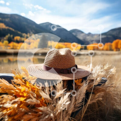 Intra Συλλεκτικό Ξύλινο Παζλ Plywood 4mm - Ψάθινο καπέλο σε χρυσά φύλλα με θέα στο βουνό Σε Ξύλινο Κουτί - Διαστάσεις: 10x10 cm – 25 κομμάτια - Image 1