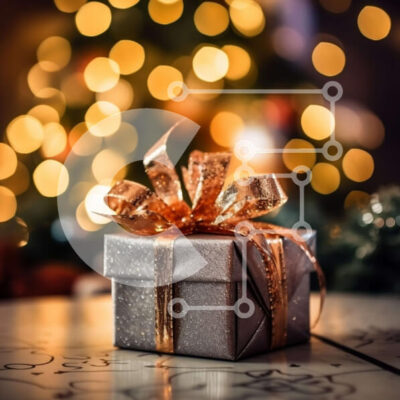 Intra Συλλεκτικό Ξύλινο Παζλ Plywood  4mm - Όμορφο ασημένιο κουτί δώρου με χρυσή κορδέλα σε ξύλινο τραπέζι μπροστά από το χριστουγεννιάτικο δέντρο Σε Ξύλινο Κουτί - Διαστάσεις: 10x10 cm – 25 κομμάτια - Image 1