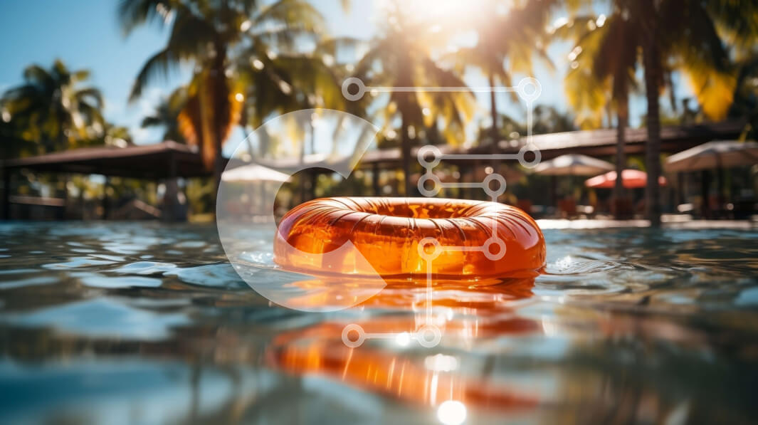 Intra Συλλεκτικό Ξύλινο Παζλ Plywood  4mm - Χαλαρωτικό δίπλα στην πισίνα με πορτοκαλί πλωτήρα και φοίνικες Σε Ξύλινο Κουτί - Διαστάσεις Puzzle: 10x10 cm – 25 κομμάτια