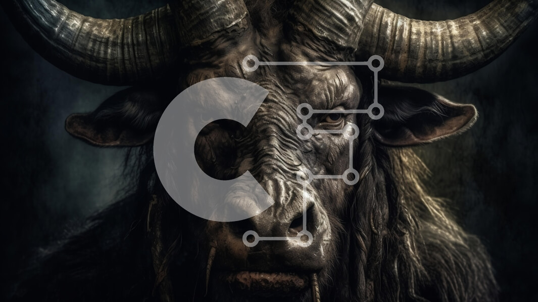 Intra Συλλεκτικό Ξύλινο Παζλ Plywood  4mm - Κοντινό πλάνο του κεφαλιού ενός βίσωνα με μεγάλα κέρατα και σκούρα γούνα Σε Ξύλινο Κουτί - Διαστάσεις: 10x10 cm – 25 κομμάτια