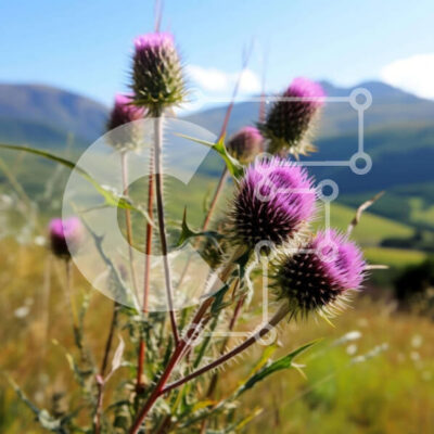 Intra Συλλεκτικό Ξύλινο Παζλ Plywood  4mm - Το μωβ γαϊδουράγκαθο ανθίζει σε ένα χωράφι με βουνά στο φόντο Σε Ξύλινο Κουτί - Διαστάσεις: 10x10 cm – 25 κομμάτια - Image 1