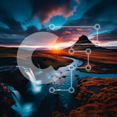 Intra Συλλεκτικό Ξύλινο Παζλ Plywood  4mm - Εκπληκτικό ηλιοβασίλεμα πάνω από βουνά με καταρράκτη σε πρώτο πλάνο Σε Ξύλινο Κουτί - Διαστάσεις: 10x10 cm – 25 κομμάτια - Image 1