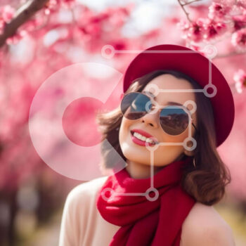 Intra Συλλεκτικό Ξύλινο Παζλ Plywood  4mm - Γυναίκα με γυαλιά ηλίου και κόκκινο καπέλο μπροστά από ροζ ανθισμένα δέντρα Σε Ξύλινο Κουτί - Διαστάσεις Puzzle: 10x10 cm – 25 κομμάτια - Image 1