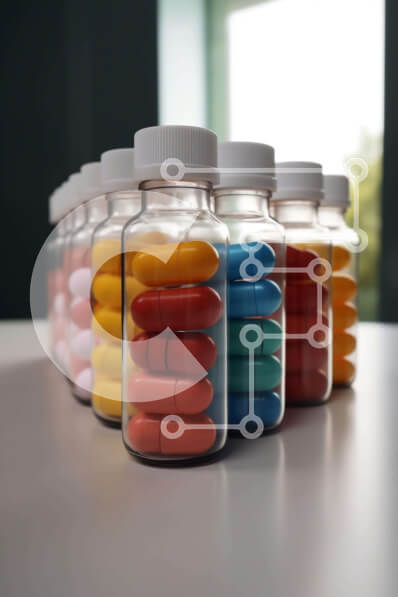 Intra Συλλεκτικό Ξύλινο Παζλ Plywood  4mm - Πολύχρωμα μπουκάλια χαπιών σε ένα τραπέζι Σε Ξύλινο Κουτί - Διαστάσεις Puzzle: 10x10 cm – 25 κομμάτια