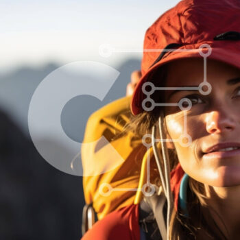 Intra Συλλεκτικό Ξύλινο Παζλ Plywood  4mm - Γυναίκα με κόκκινο καπέλο και σακίδιο πεζοπορίας που κοιτάζει τα βουνά Σε Ξύλινο Κουτί - Διαστάσεις Puzzle: 10x10 cm – 25 κομμάτια - Image 1