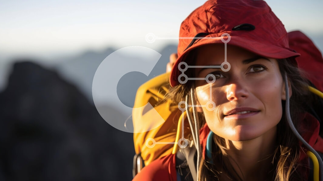 Intra Συλλεκτικό Ξύλινο Παζλ Plywood  4mm - Γυναίκα με κόκκινο καπέλο και σακίδιο πεζοπορίας που κοιτάζει τα βουνά Σε Ξύλινο Κουτί - Διαστάσεις Puzzle: 10x10 cm – 25 κομμάτια