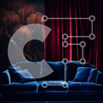 Intra Συλλεκτικό Ξύλινο Παζλ Plywood  4mm - Κομψός μπλε βελούδινος καναπές & κόκκινη κουρτίνα εσωτερικού χώρου Σε Ξύλινο Κουτί - Διαστάσεις Puzzle: 10x10 cm – 25 κομμάτια - Image 1