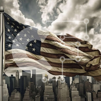 Intra Συλλεκτικό Ξύλινο Παζλ Plywood  4mm - Πατριωτική αμερικανική σημαία που κυματίζει μπροστά από έναν θυελλώδη ορίζοντα της πόλης Σε Ξύλινο Κουτί - Διαστάσεις Puzzle: 10x10 cm – 25 κομμάτια - Image 1