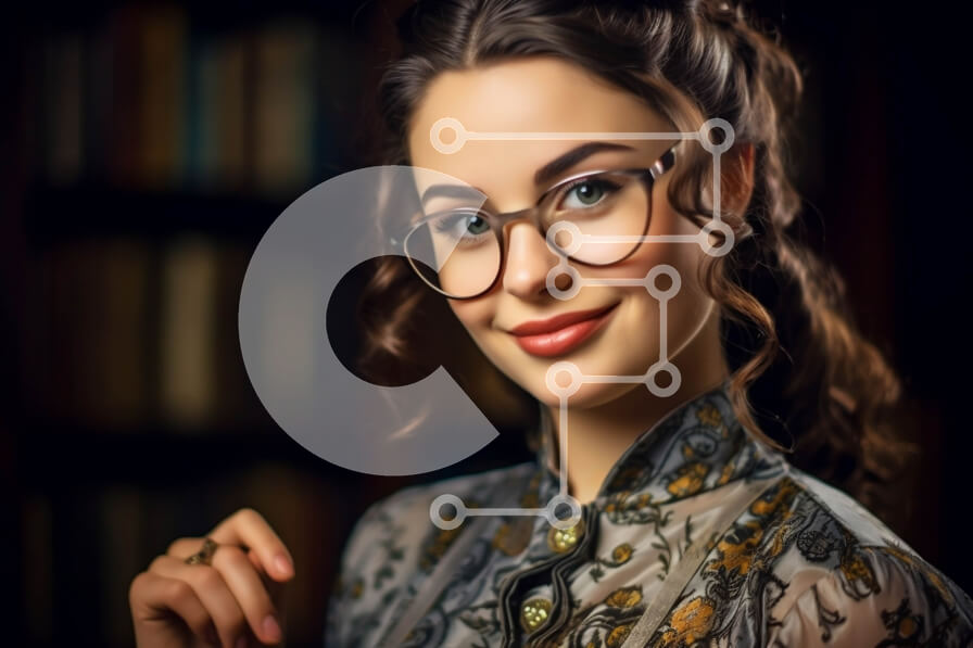 Intra Συλλεκτικό Ξύλινο Παζλ Plywood  4mm - Πορτρέτο μιας νεαρής γυναίκας που χαμογελά μπροστά από το ράφι Σε Ξύλινο Κουτί - Διαστάσεις Puzzle: 10x10 cm – 25 κομμάτια