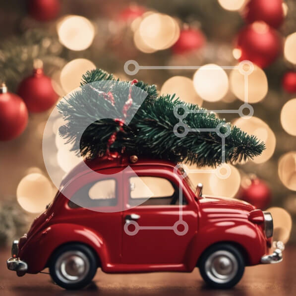 Intra Συλλεκτικό Ξύλινο Παζλ Plywood  4mm - Εορταστικό κόκκινο παιχνίδι αυτοκίνητο με στολισμό χριστουγεννιάτικου δέντρου Σε Ξύλινο Κουτί - Διαστάσεις Puzzle: 10x10 cm – 25 κομμάτια