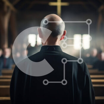 Intra Συλλεκτικό Ξύλινο Παζλ Plywood  4mm - Ιερέας σε μια άδεια εκκλησία που περιβάλλεται από ανθρώπους Σε Ξύλινο Κουτί - Διαστάσεις Puzzle: 10x10 cm – 25 κομμάτια - Image 1