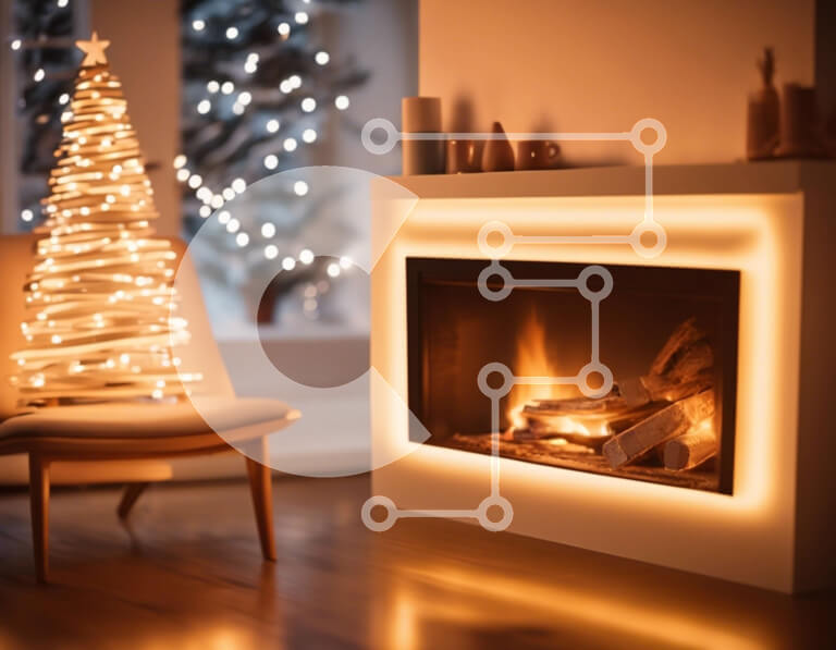 Intra Συλλεκτικό Ξύλινο Παζλ Plywood  4mm - Χριστουγεννιάτικο δέντρο μπροστά από το τζάκι Σε Ξύλινο Κουτί - Διαστάσεις: 10x10 cm – 25 κομμάτια