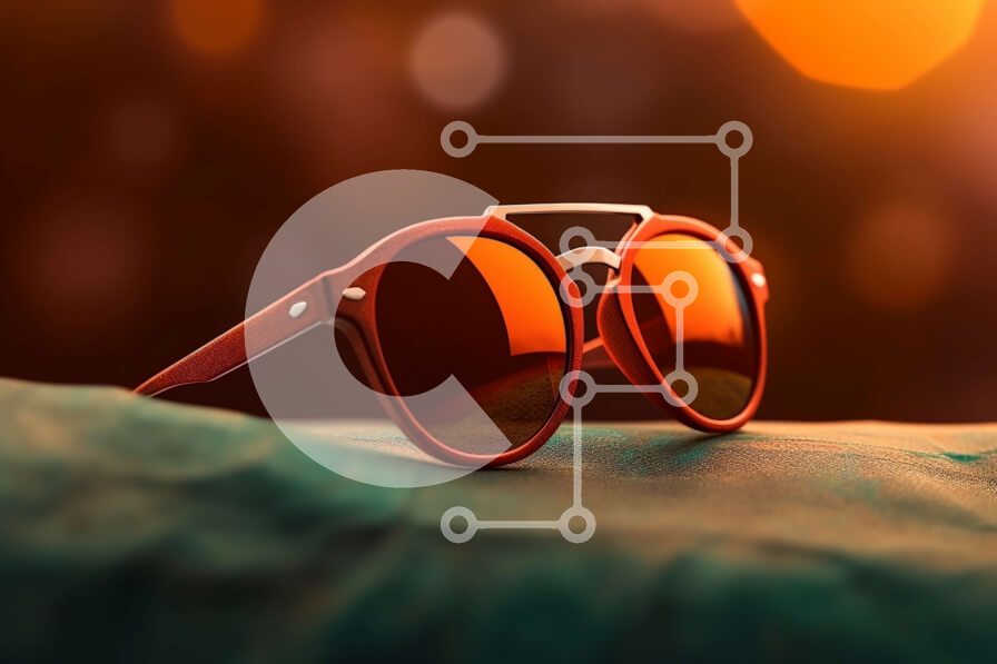 Intra Συλλεκτικό Ξύλινο Παζλ Plywood  4mm - Κομψά κόκκινα γυαλιά ηλίου σε ζωντανό μπλε φόντο Σε Ξύλινο Κουτί - Διαστάσεις Puzzle: 10x10 cm – 25 κομμάτια