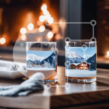 Intra Συλλεκτικό Ξύλινο Παζλ Plywood  4mm - Γυάλινα ποτήρια Snowy Scene στο τραπέζι με τζάκι Σε Ξύλινο Κουτί - Διαστάσεις Puzzle: 10x10 cm – 25 κομμάτια - Image 1