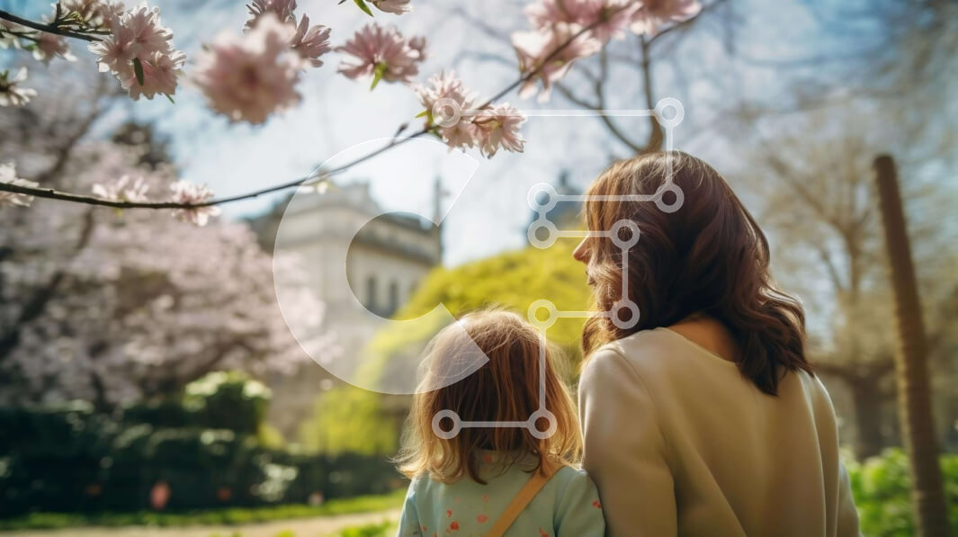 Intra Συλλεκτικό Ξύλινο Παζλ Plywood  4mm - Μητέρα και κόρη που απολαμβάνουν την άνοιξη κάτω από τα ανθισμένα δέντρα κερασιών Σε Ξύλινο Κουτί - Διαστάσεις Puzzle: 10x10 cm – 25 κομμάτια