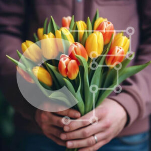 Intra Συλλεκτικό Ξύλινο Παζλ Plywood  4mm - Όμορφη ανθοδέσμη με τουλίπα που κρατιέται από άτομο με δαχτυλίδια Σε Ξύλινο Κουτί - Διαστάσεις Puzzle: 10x10 cm – 25 κομμάτια