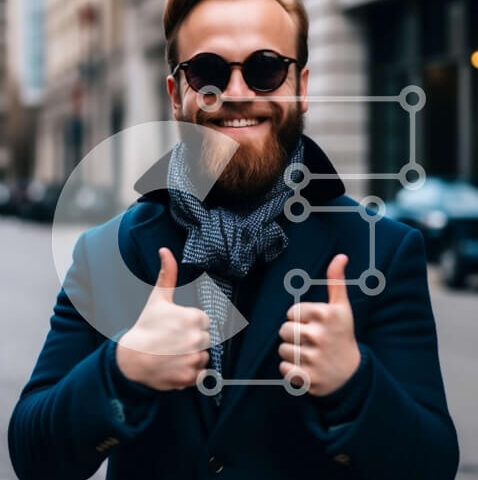 Intra Συλλεκτικό Ξύλινο Παζλ Plywood 4mm - Χαμογελαστός άνδρας με μπλε κοστούμι και γυαλιά ηλίου που δίνει μπράβο Σε Ξύλινο Κουτί - Διαστάσεις Puzzle: 10x10 cm – 25 κομμάτια - Image 1