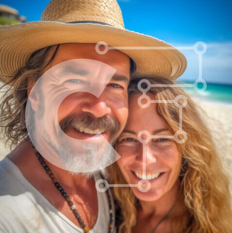 Intra Συλλεκτικό Ξύλινο Παζλ Plywood 4mm - Χαμογελαστό ζευγάρι με καπέλα στη λευκή αμμώδη παραλία Σε Ξύλινο Κουτί - Διαστάσεις Puzzle: 10x10 cm – 25 κομμάτια - Image 1