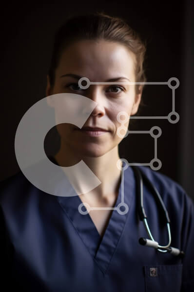 Intra Συλλεκτικό Ξύλινο Παζλ Plywood  4mm - Γυναίκα νοσοκόμα με μπλε τρίβει με σοβαρή έκφραση και στηθοσκόπιο Σε Ξύλινο Κουτί - Διαστάσεις Puzzle: 10x10 cm – 25 κομμάτια