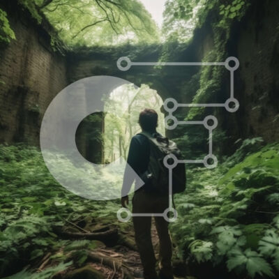 Intra Συλλεκτικό Ξύλινο Παζλ Plywood 4mm - Μυστηριώδες μονοπάτι πεζοπορίας μέσα από πυκνό δάσος με παλιά ερείπια σε απόσταση Σε Ξύλινο Κουτί - Διαστάσεις: 10x10 cm – 25 κομμάτια - Image 1