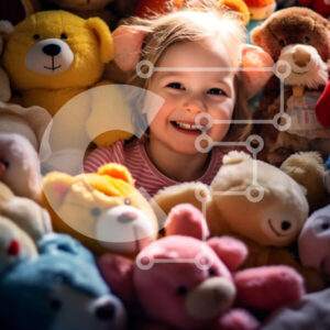 Intra Συλλεκτικό Ξύλινο Παζλ Plywood  4mm - Αξιολάτρευτη εικόνα ενός χαμογελαστού κοριτσιού με τα λούτρινα ζωάκια της Σε Ξύλινο Κουτί - Διαστάσεις Puzzle: 10x10 cm – 25 κομμάτια