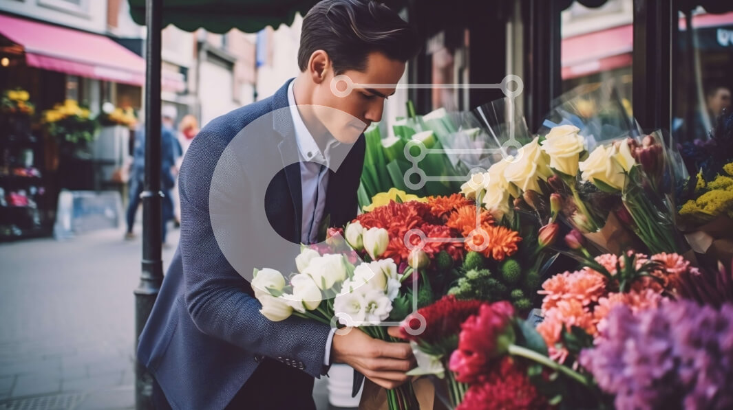 Intra Συλλεκτικό Ξύλινο Παζλ Plywood  4mm - Επιχειρηματίας που θαυμάζει τα λουλούδια μπροστά από ένα ανθοπωλείο Σε Ξύλινο Κουτί - Διαστάσεις Puzzle: 10x10 cm – 25 κομμάτια