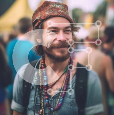 Intra Συλλεκτικό Ξύλινο Παζλ Plywood 4mm - Χαμογελαστός άντρας με γένια και κορδέλα στο Μουσικό Φεστιβάλ Σε Ξύλινο Κουτί - Διαστάσεις Puzzle: 10x10 cm – 25 κομμάτια - Image 1