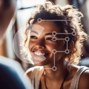 Intra Συλλεκτικό Ξύλινο Παζλ Plywood  4mm - Χαμογελώντας γυναίκα και άνδρας που συνομιλούν σε ένα τραπέζι καφέ Σε Ξύλινο Κουτί - Διαστάσεις Puzzle: 10x10 cm – 25 κομμάτια