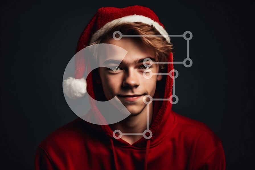 Intra Συλλεκτικό Ξύλινο Παζλ Plywood  4mm - Εορταστικός νεαρός άνδρας με κόκκινο κουκούλα και καπέλο Άγιου Βασίλη Σε Ξύλινο Κουτί - Διαστάσεις Puzzle: 10x10 cm – 25 κομμάτια