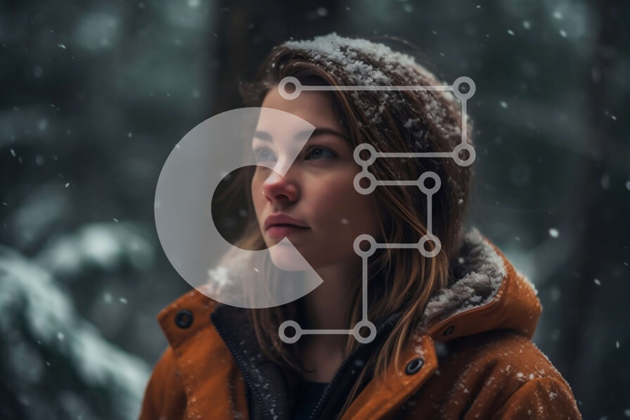 Intra Συλλεκτικό Ξύλινο Παζλ Plywood  4mm - Εκπληκτική εικόνα μιας νεαρής γυναίκας με πορτοκαλί μπουφάν στο Snowy Woods Σε Ξύλινο Κουτί - Διαστάσεις: 10x10 cm – 25 κομμάτια