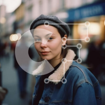 Intra Συλλεκτικό Ξύλινο Παζλ Plywood 4mm - Κομψή νεαρή γυναίκα στέκεται στην οδό City με τζιν μπουφάν και Beanie Σε Ξύλινο Κουτί - Διαστάσεις Puzzle: 10x10 cm – 25 κομμάτια - Image 1